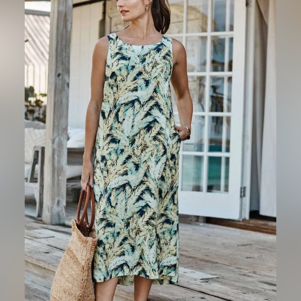 J. Jill Love Linen 100% Linen Tropical Palm Print A-Line Midi Dress Size Large